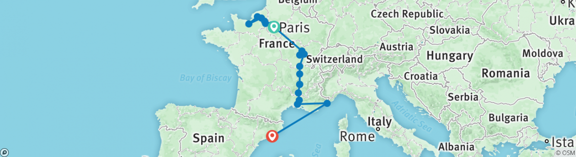 Image of a map showing the route of the tour