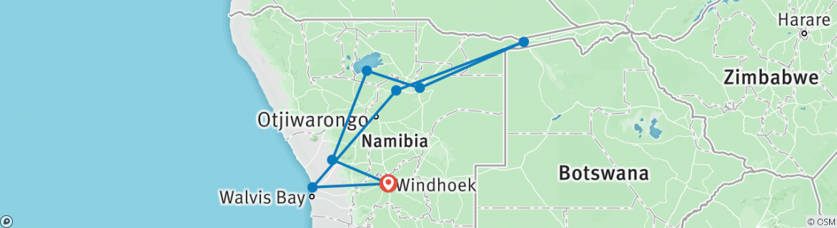 Image of a map showing the route of the tour