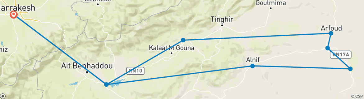 Image of a map showing the route of the tour
