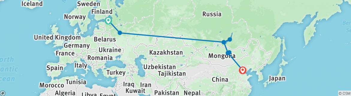 Image of a map showing the route of the tour