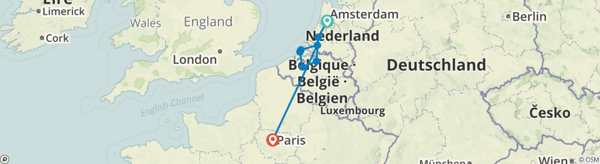 Image of a map showing the route of the tour