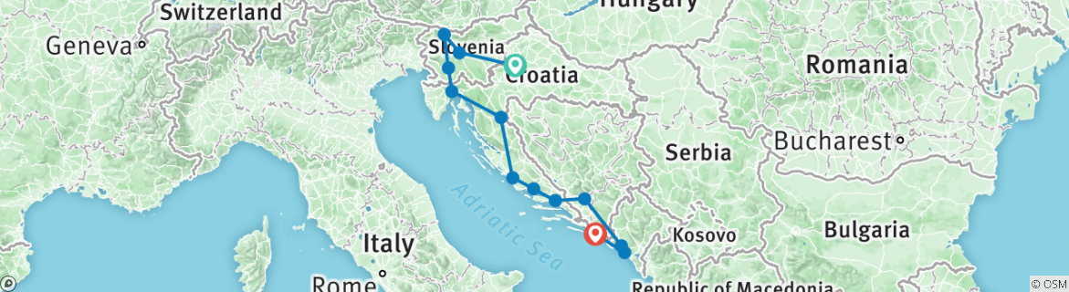 Image of a map showing the route of the tour