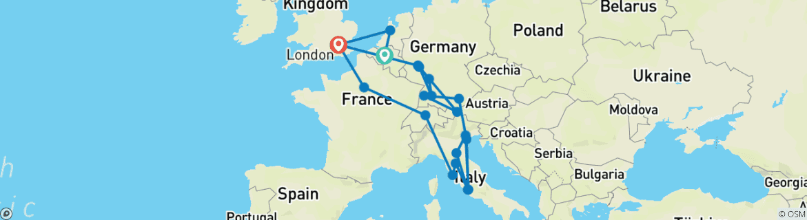 Image of a map showing the route of the tour