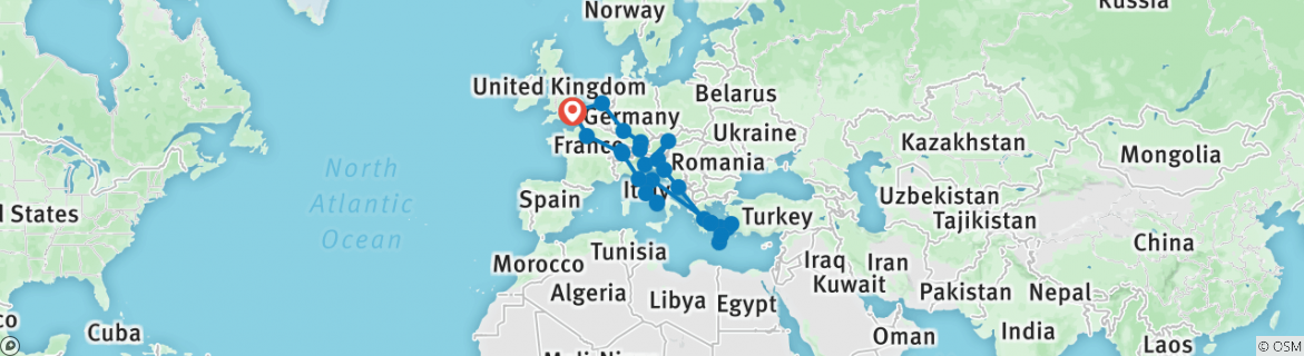 Image of a map showing the route of the tour