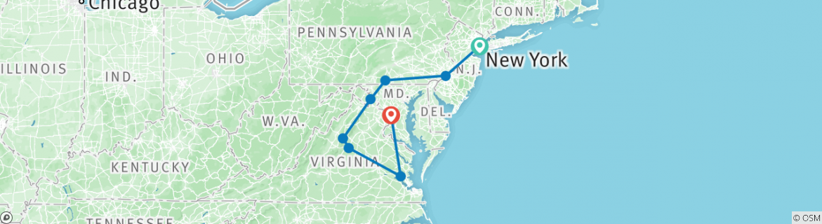 Image of a map showing the route of the tour