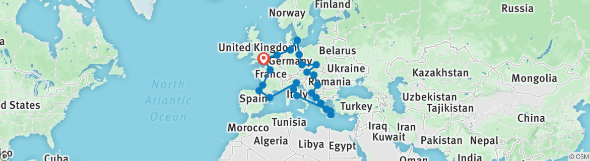 Image of a map showing the route of the tour