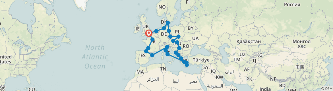 Image of a map showing the route of the tour