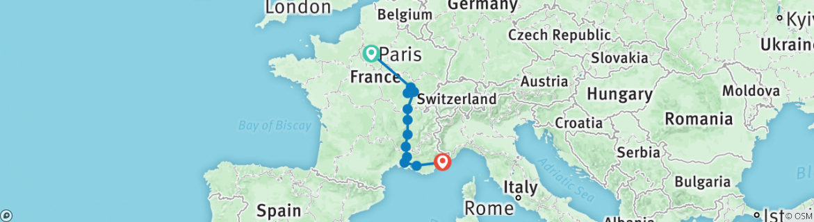 Image of a map showing the route of the tour