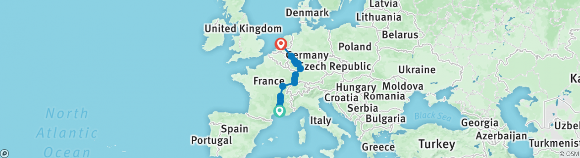 Image of a map showing the route of the tour