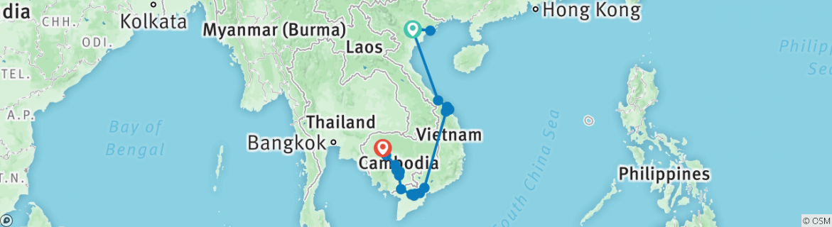 Image of a map showing the route of the tour