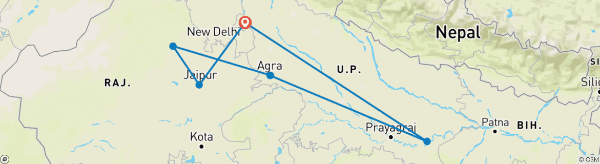 Image of a map showing the route of the tour