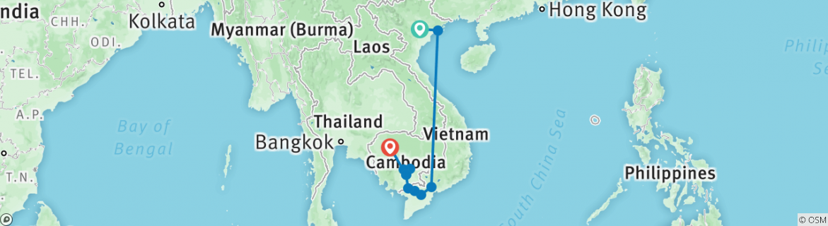 Image of a map showing the route of the tour