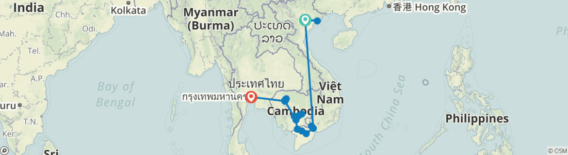 Image of a map showing the route of the tour