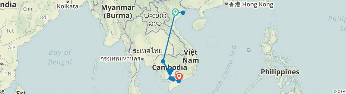 Image of a map showing the route of the tour