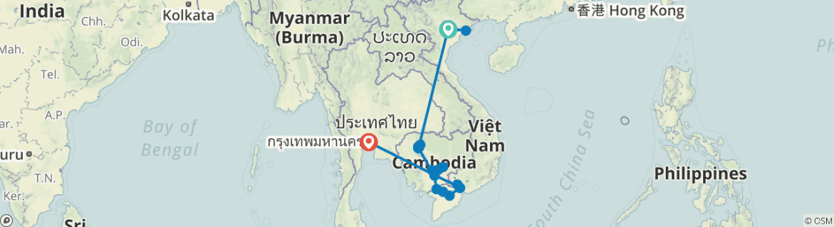 Image of a map showing the route of the tour