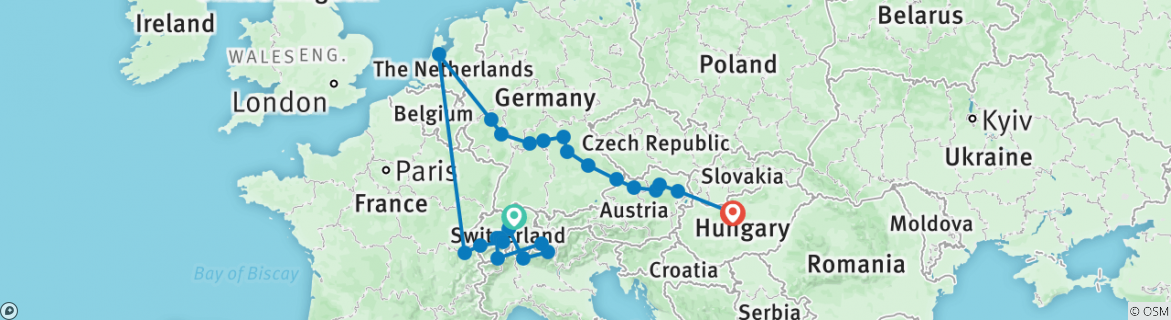 Image of a map showing the route of the tour