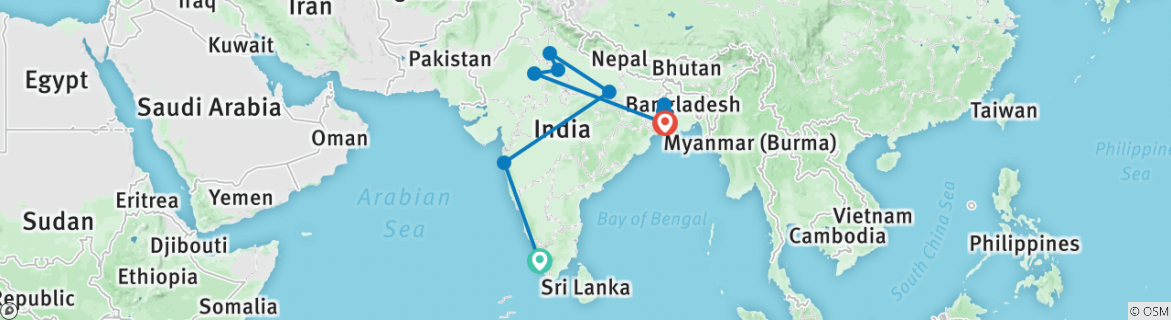 Image of a map showing the route of the tour