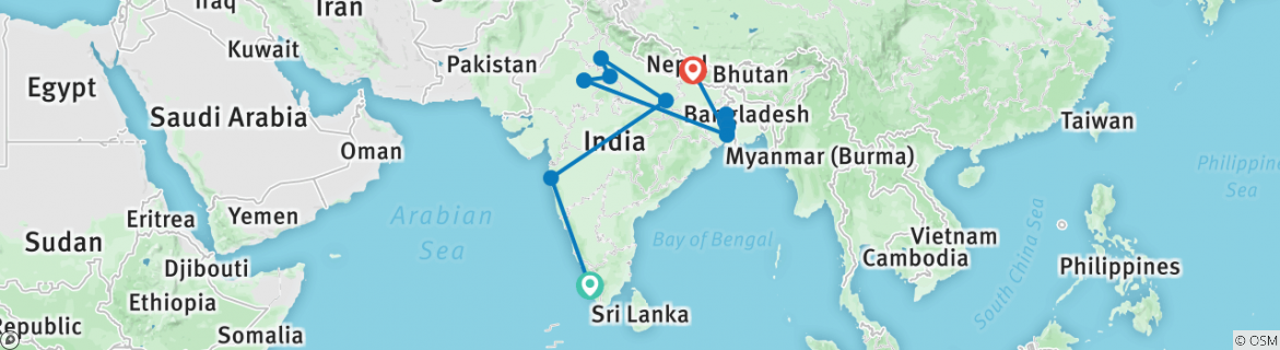 Image of a map showing the route of the tour