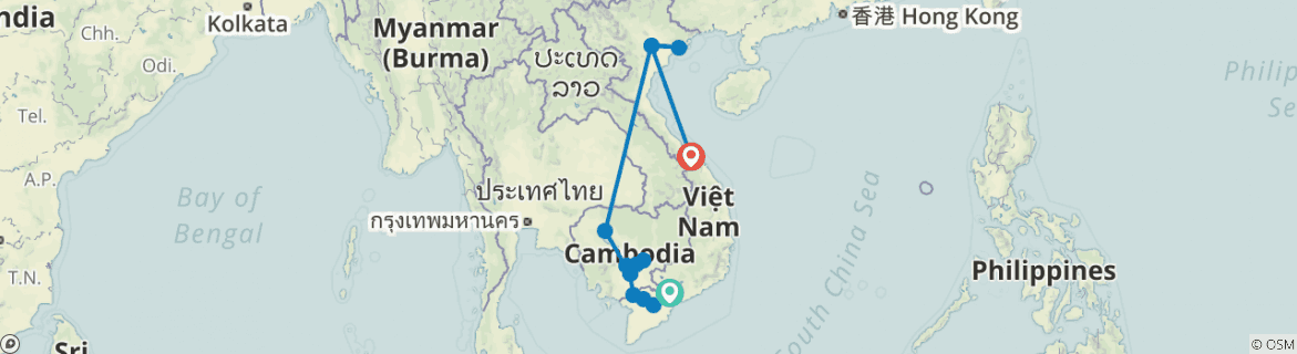 Image of a map showing the route of the tour