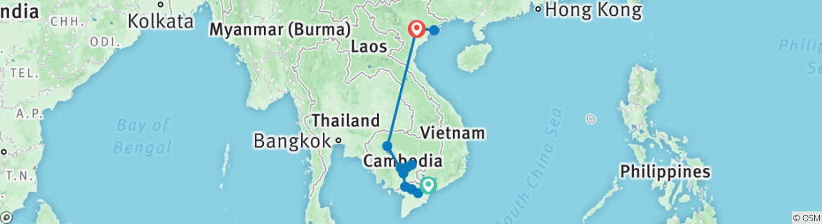 Image of a map showing the route of the tour