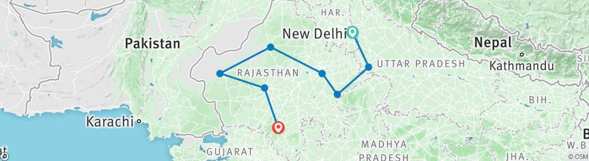 Image of a map showing the route of the tour