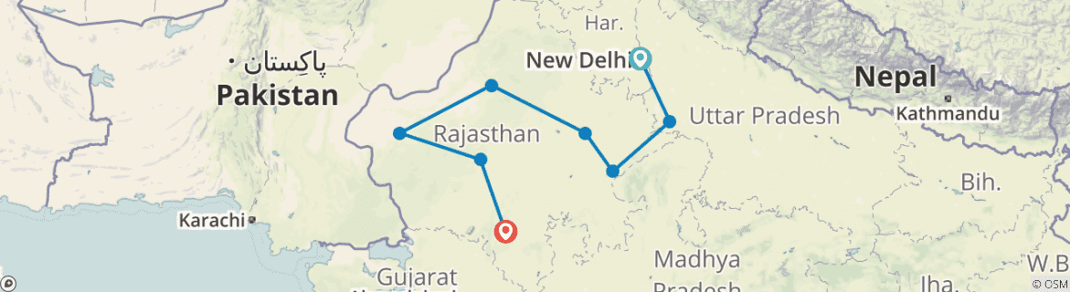 Image of a map showing the route of the tour