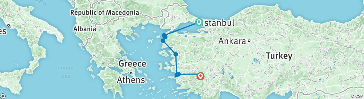 Image of a map showing the route of the tour