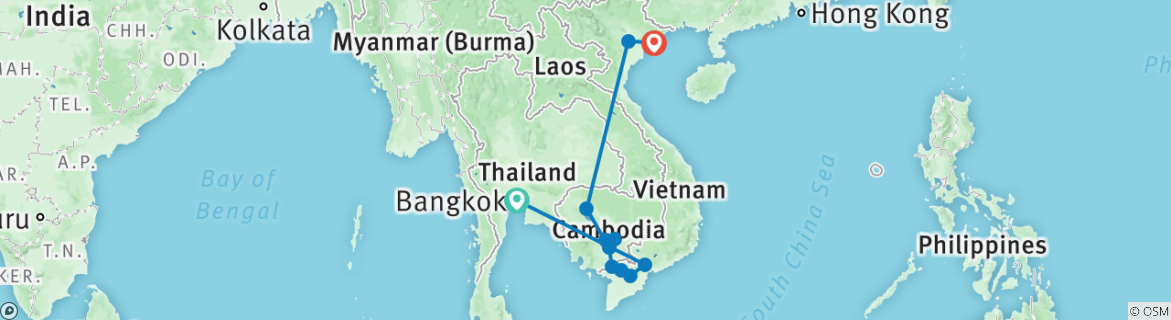 Image of a map showing the route of the tour