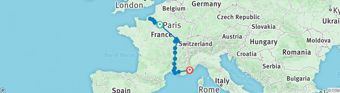 Image of a map showing the route of the tour
