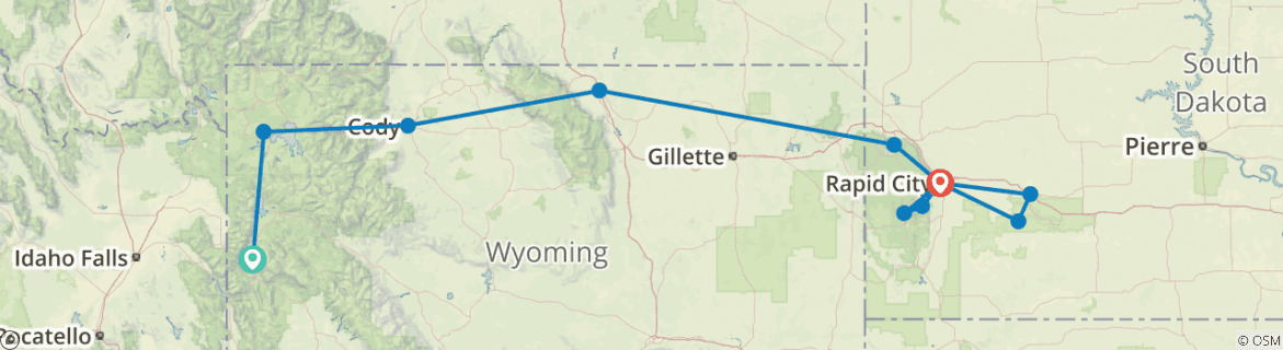 Image of a map showing the route of the tour