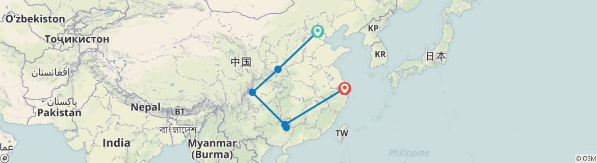 Image of a map showing the route of the tour