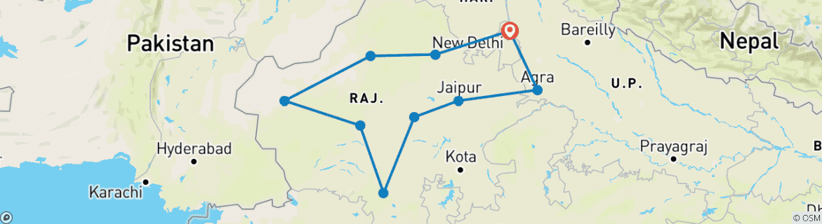 Image of a map showing the route of the tour