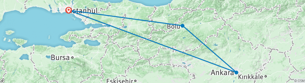 Image of a map showing the route of the tour