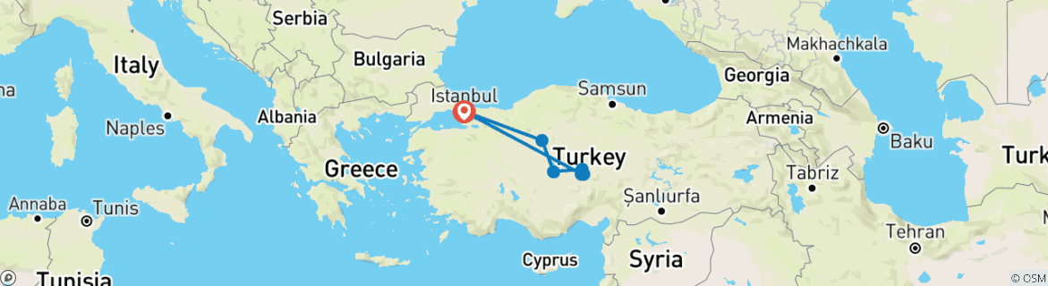 Image of a map showing the route of the tour