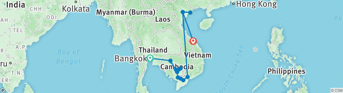 Image of a map showing the route of the tour