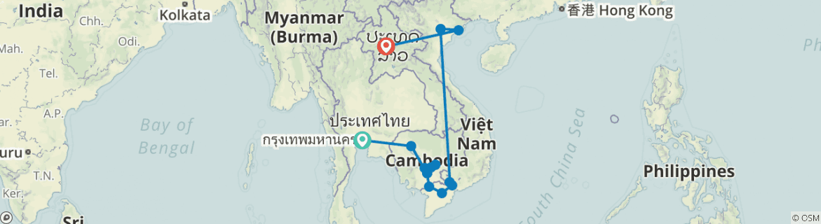 Image of a map showing the route of the tour
