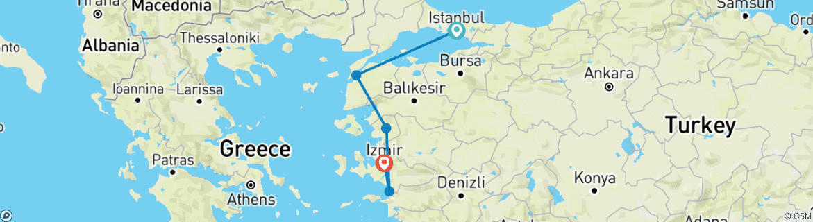 Image of a map showing the route of the tour