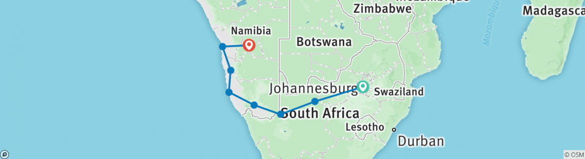 Image of a map showing the route of the tour