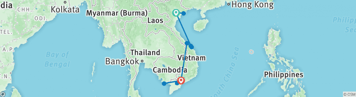 Image of a map showing the route of the tour