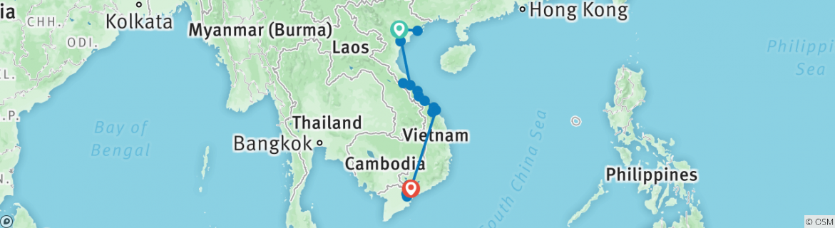 Image of a map showing the route of the tour