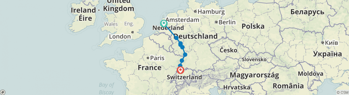 Image of a map showing the route of the tour