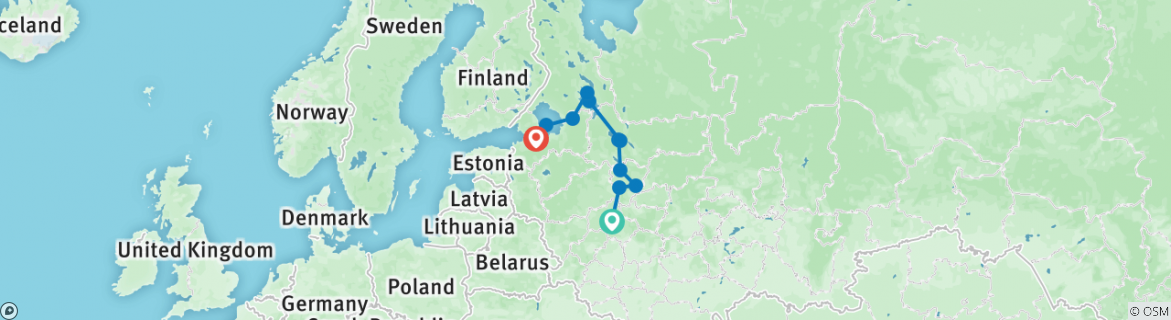 Image of a map showing the route of the tour
