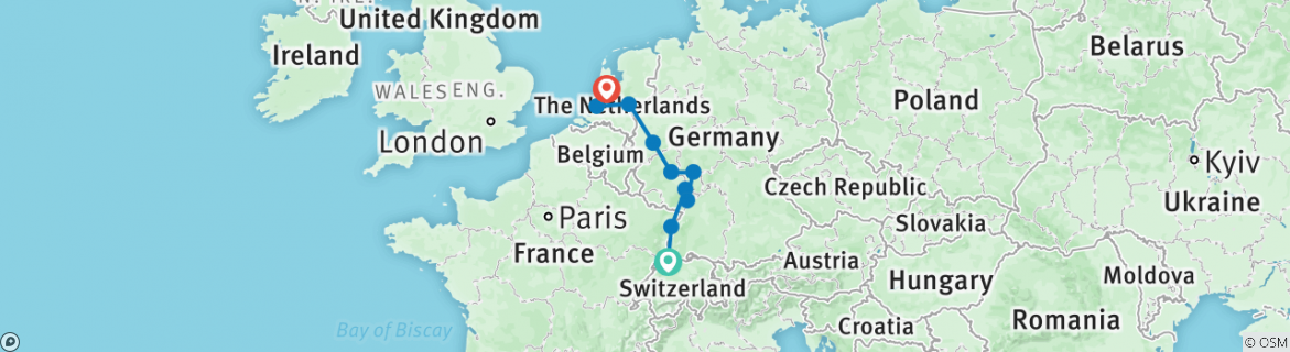 Image of a map showing the route of the tour
