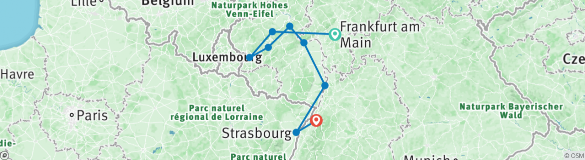 Image of a map showing the route of the tour