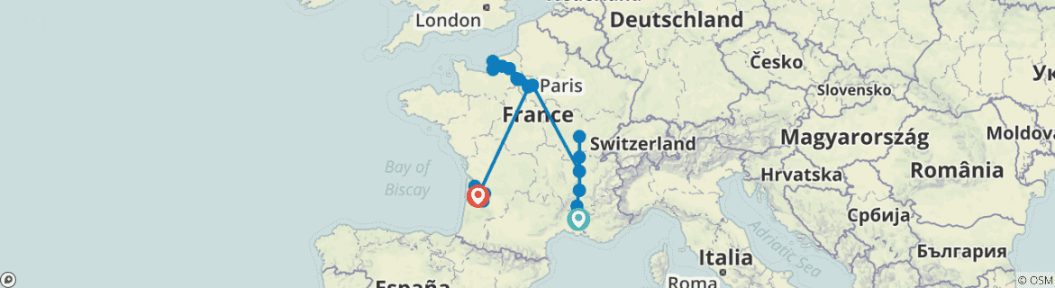 Image of a map showing the route of the tour