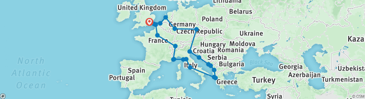 Image of a map showing the route of the tour
