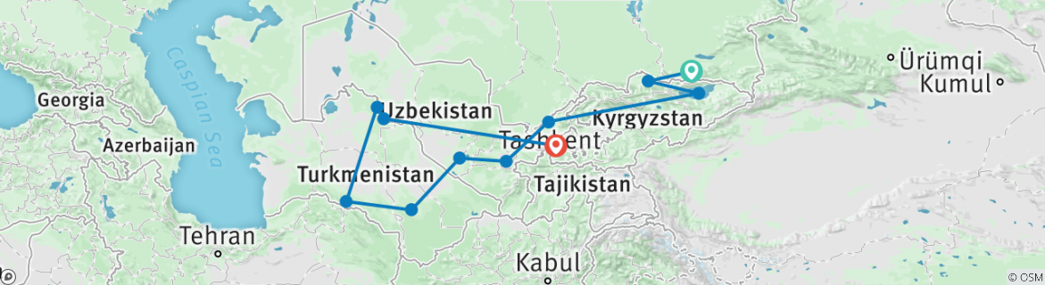 Image of a map showing the route of the tour