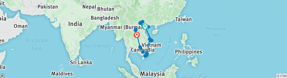 Image of a map showing the route of the tour