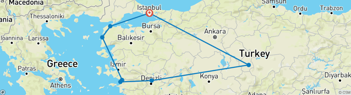 Image of a map showing the route of the tour