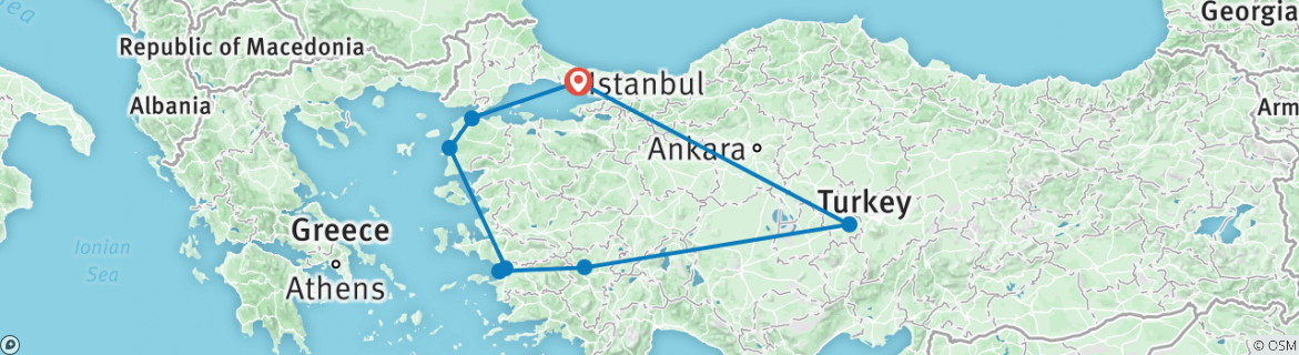 Image of a map showing the route of the tour